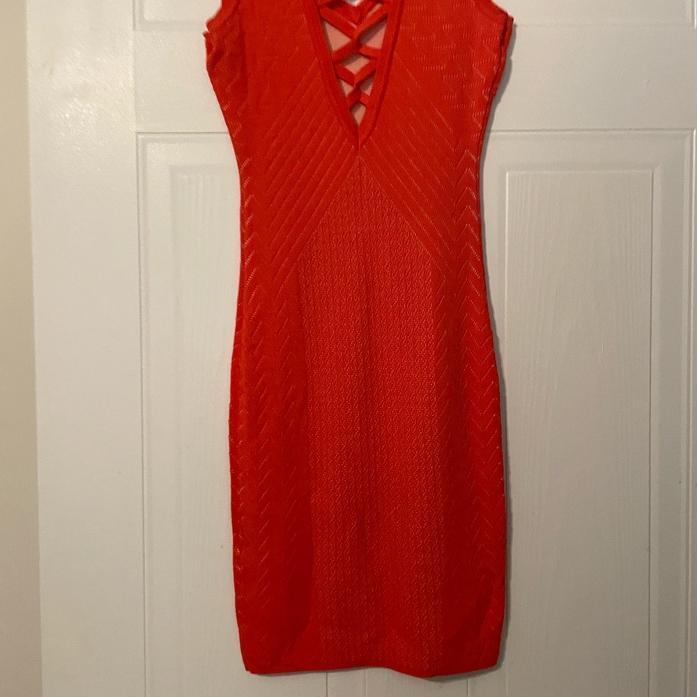 Guess Orange Red Bodycon V-Neck Cocktail Dress